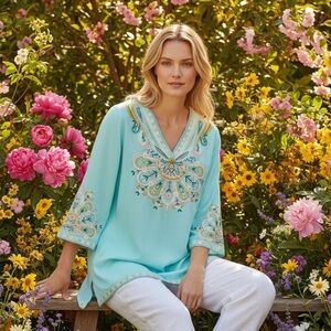 SOFT SURROUNDINGS Embroidered Tunic Blouse River Island V Neck Boho Blue Small